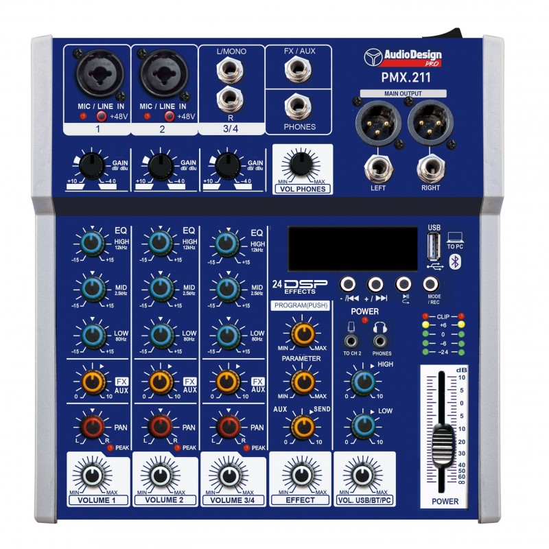 AUDIODESIGN PRO 2+1+1 Channel Professional Mixer - USB/BT 24 Effects with DSP - USB Powered