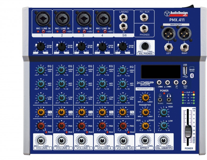 AUDIODESIGN PRO Mixer professionale 4+1+1 canali - USB/BT 24 effetti con DSP - Alimentazione USB - Ingresso ottico