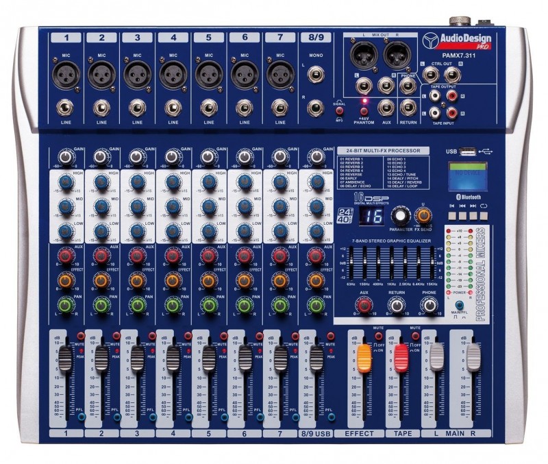 AUDIODESIGN PRO Mixer professionale 7+1+1 canali - USB e BT
