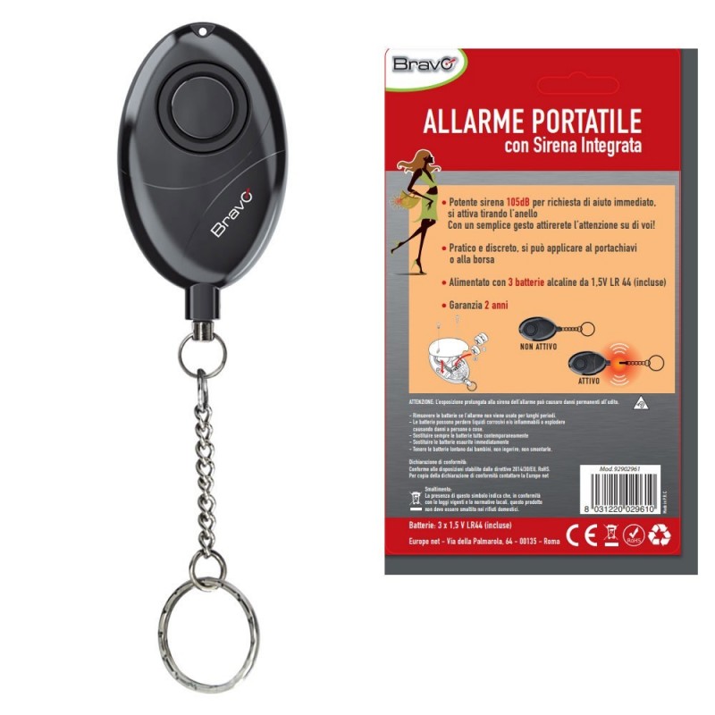 BRAVO Portable Alarm with Integrated 105dB Siren: Practical and Discreet | Black