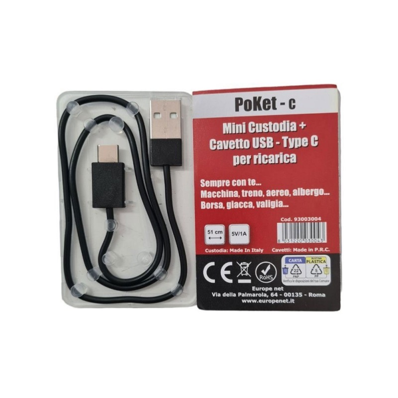 BRAVO Cavetto di Ricarica POKET-C Mini Custodia + Cavetto USB - Type C 51cm