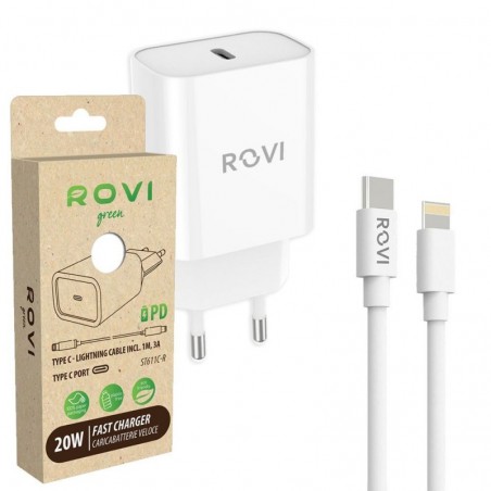 Immagine prodotto Rovi Caricabatterie Type-C Completo di Cavo da Type-C a Lightning 20W PD Fast Charger (Pack Green) | Bianco