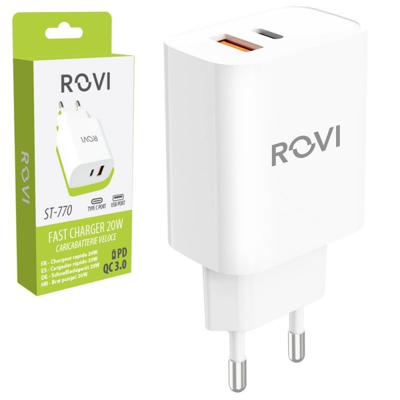 ROVI Mains Charger 20W USB-C + USB-A Fast Charger Power Delivery ST-770 | White