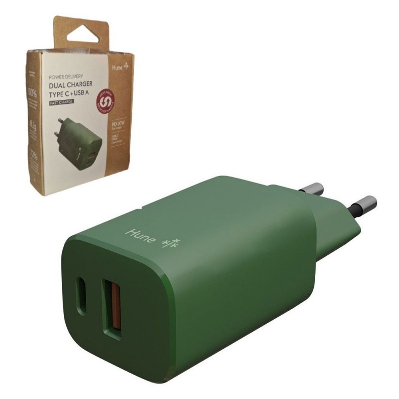 HUNE Caricatore Power Delivery Dual Charger TYPE-C USB-A 20W | Verde HUNE Caricatore Power Delivery Dual Charger TYPE-C USB-A 20W | Verde