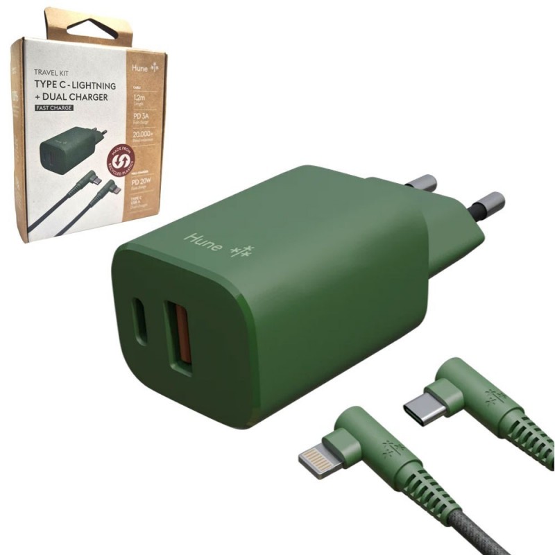 HUNE Kit Caricabatterie Multiplo USB e Type C da 20 W + Cavo Type C Lightning 1.2m | Verde HUNE Kit Caricabatterie Multiplo USB e Type C da 20 W + Cavo Type C Lightning 1.2m | Verde