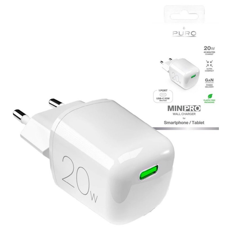 Puro MINIPRO CaricaBatterie da Rete 20W USB-C Fast Charger Power Delivery GaN | Bianco Puro MINIPRO CaricaBatterie da Rete 20W USB-C Fast Charger Power Delivery GaN | Bianco