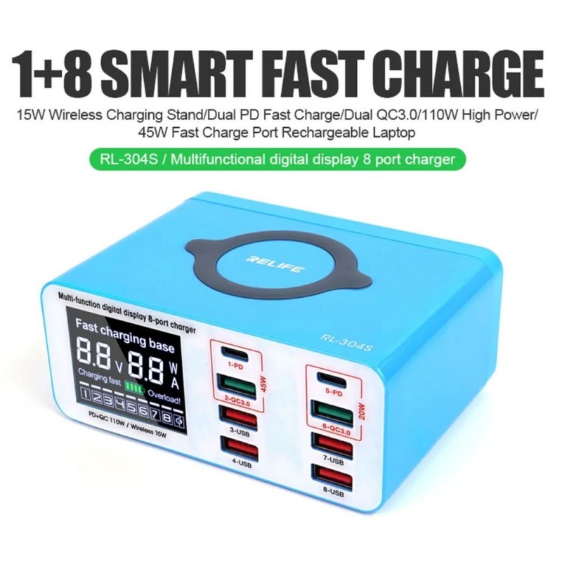 RELIFE RL-304S 8-Port Multifunctional Digital Benchtop Charger | 110W
