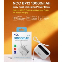 Product image NCC Power Bank 10000mAh Caricabatterie Compatto Veloce Con Cavo Integrato USB-C e Lightning | Bianco BP12