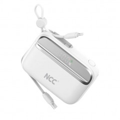 Foto di NCC Power Bank 10000mAh Caricabatterie Compatto Veloce Con Cavo Integrato USB-C e Lightning | Bianco BP12 - NCC