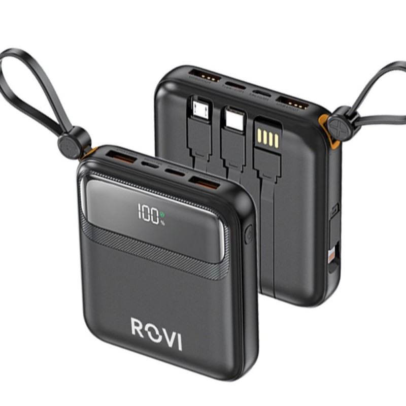 ROVI Power Bank LX21 10000MAH Caricabatterie Portatile 20W Cavi Integrati USB-C MICRO-USB LIGHTNING | Nero