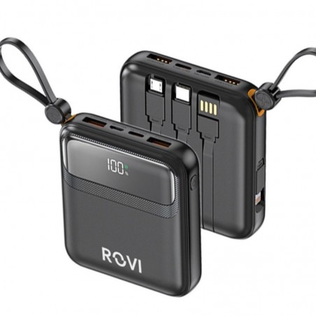 ROVI Power Bank LX21 10000MAH Portable Charger 20W Integrated USB-C MICRO-USB LIGHTNING Cables | Black