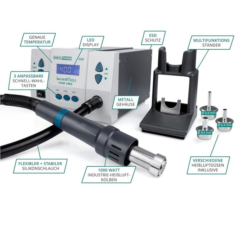 QUICK 861DW Professional Hot Air Soldering Station, Adjustable, 1000 Watt European Plug