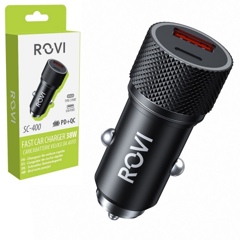 Rovi SC400 Fast Car Charger 38W USB-A and USB-C | Black
