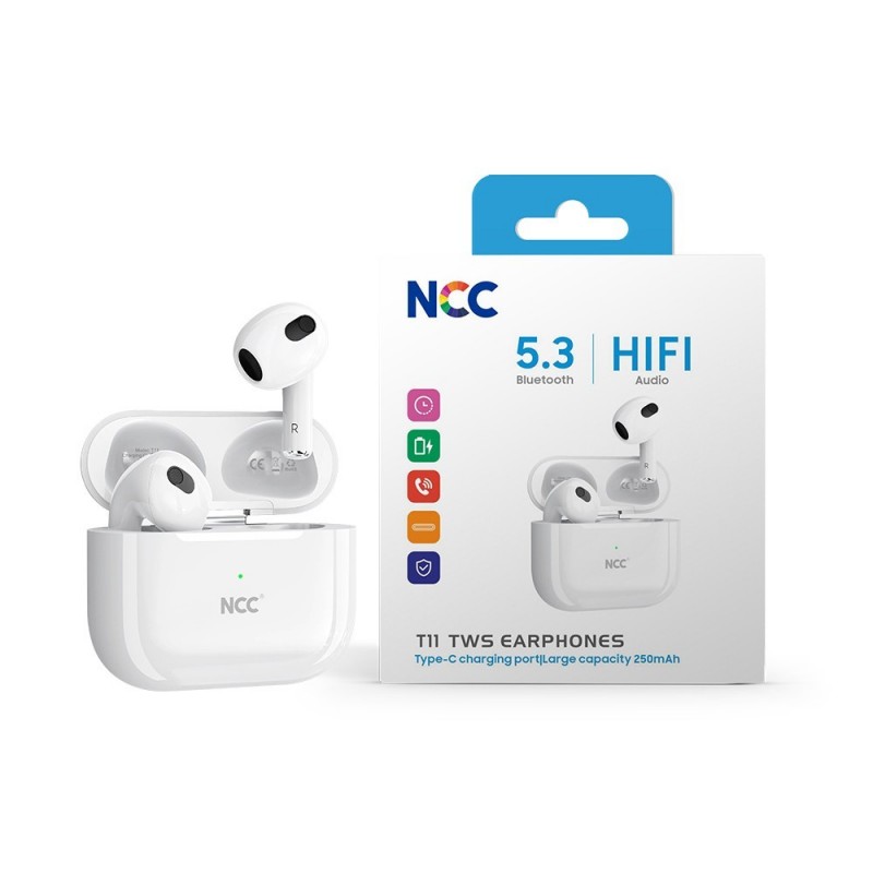 NCC Auricolare Bluetooth T11 Cuffie TWS Audio HIFI BT 5.3 Porta USB-C | Bianco