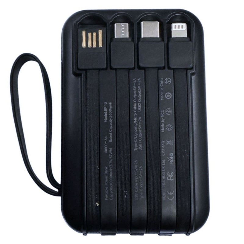 NCC Power Bank 10000mAh 4-in-1 Multifunctional Charger + USB-C Cable - LIGHTNING - MICRO USB | Black BP13