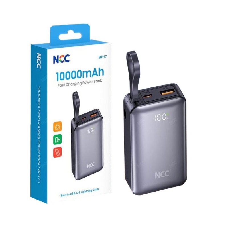 NCC Power Bank 10000mAh Compact Charger with Integrated USB-C and Lightning Cable 22.5W | BP17