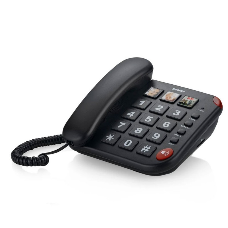 Brondi Bravo 15 Corded Landline Phone with Large Buttons and Hands-Free Calling | Black