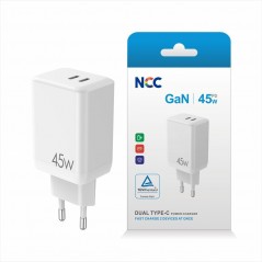 Immagine prodotto NCC CaricaBatterie da Rete 45W Doppia Porta USB-C Fast Charge GaN | Bianco