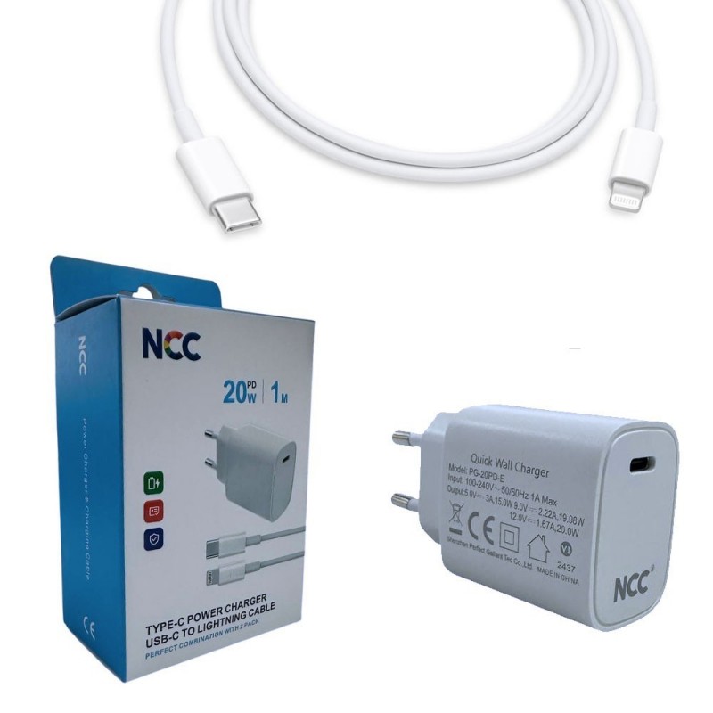  NCC 20W USB-C Wall Charger + USB-C to Lightning Cable PD Fast Charger C16 | White