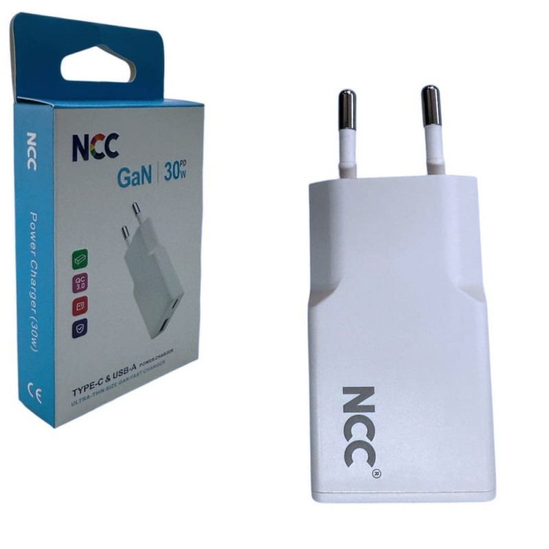 NCC 30W Ultra-Thin USB-A + USB-C Fast Charge Wall Charger | White C214
