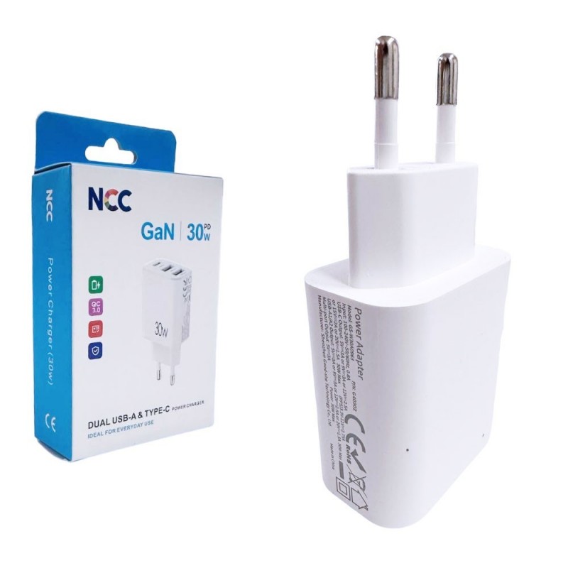 NCC Mains Charger 30W USB-C + 2 USB-A Fast Charger Power Delivery | White NCC Mains Charger 30W USB-C + 2 USB-A Fast Charger Power Delivery | White
