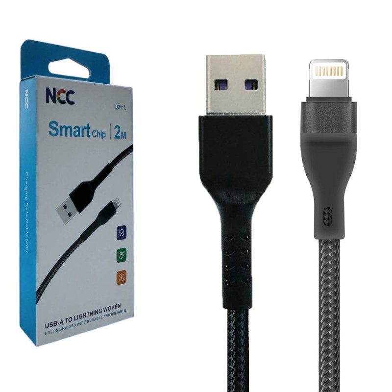 NCC D211L 20W Woven USB-A to Lightning Charging Cable | 2 Meters, Black