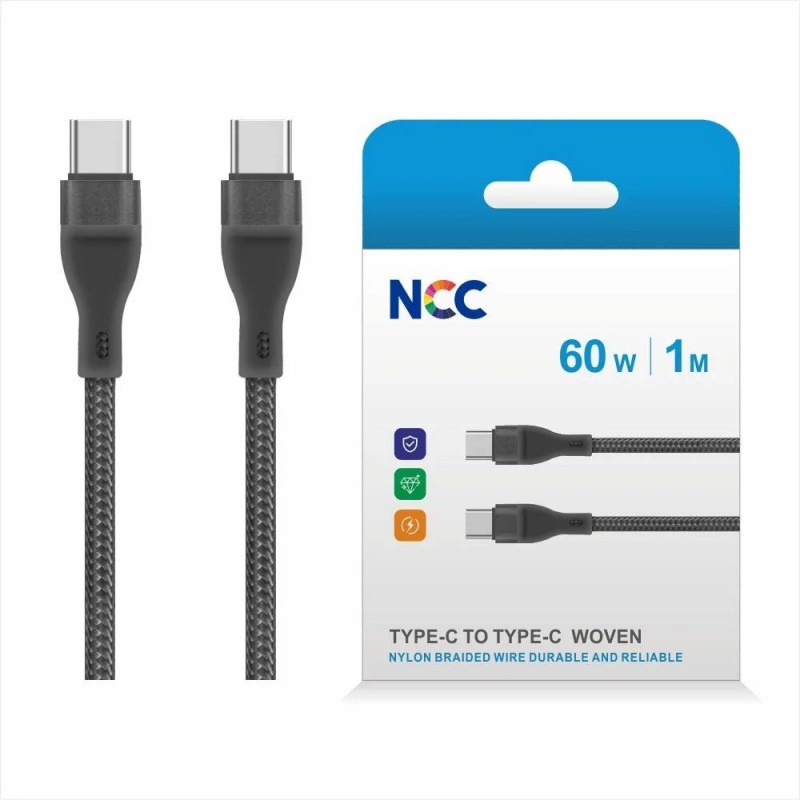 NCC D111CC 60W Woven USB-C to USB-C Charging Cable | 1 Meter, Black