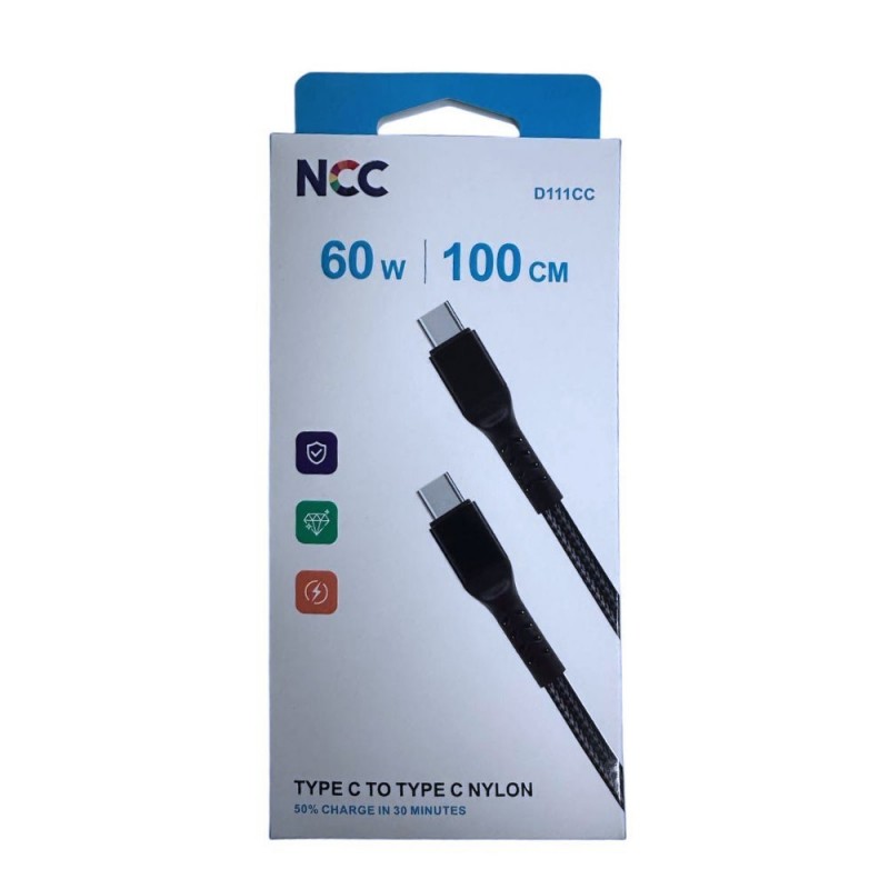 NCC D111CC 60W Woven USB-C to USB-C Charging Cable | 1 Meter, Black
