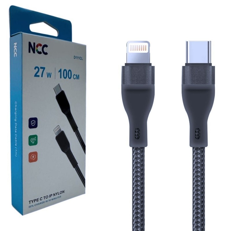 NCC D111CL 27W Woven USB-C to Lightning Charging Cable | 1 Meter, Black