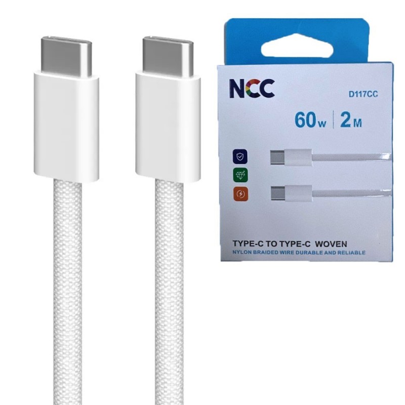 NCC D117CC 60W Woven USB-C to USB-C Charging Cable | 2 Meters, White