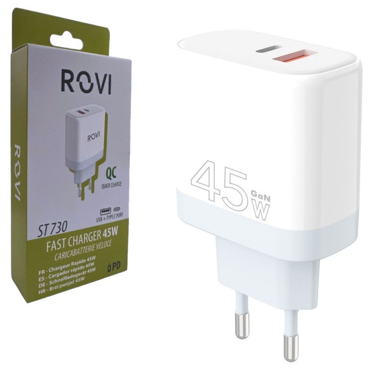 ROVI CaricaBatterie da Rete ST730 45W USB-C + USB-A GaN Fast Charger Power Delivery | Bianco