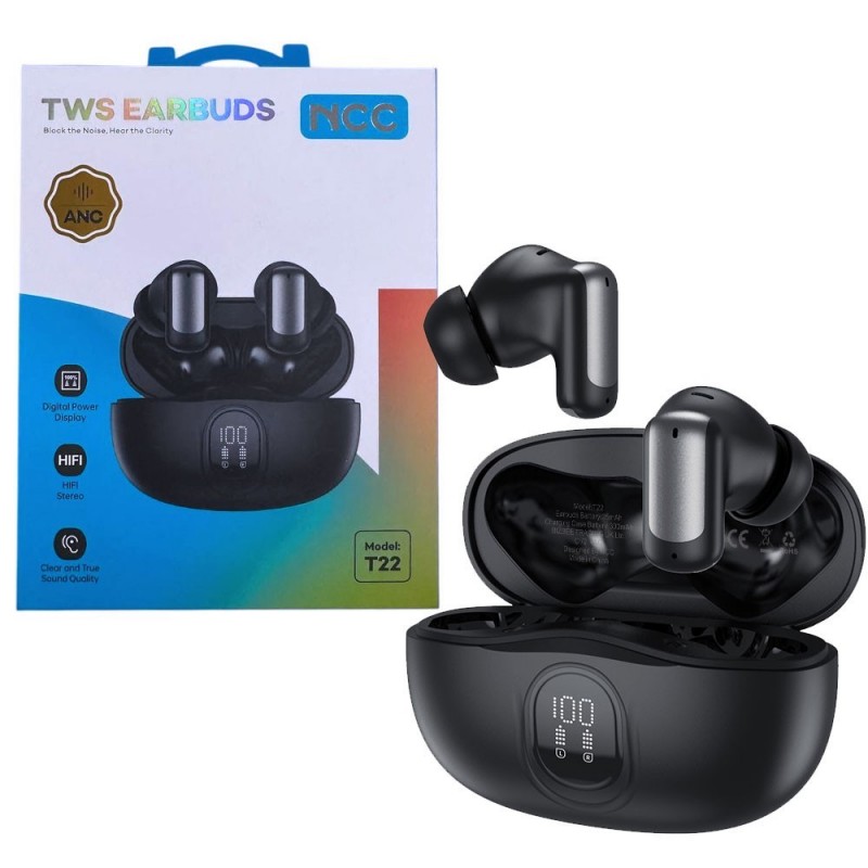 NCC Auricolare Bluetooth T22 Cuffie TWS ANC Cancellazione di Rumore Smart Display Earbuds Nero