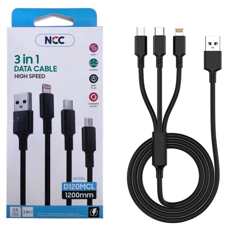 NCC D120MCL 3-in-1 USB-A to USB-C Charging Cable - Lightning - Micro USB | 60W | 120cm