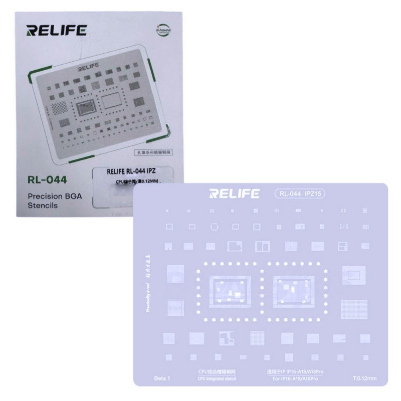RELIFE RL-044 IPZ15 Tin Steel Stencil per Rigenerazione CHIP IC su CPU per iPhone 16-A18 / A18 Pro 