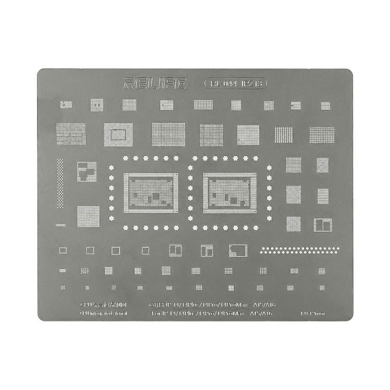 RELIFE RL-044 IPZ13 Tin Steel Stencil per Rigenerazione CHIP IC su CPU per iPhone 14 / Plus / Pro / Pro Max - A15/16 0.12MM
