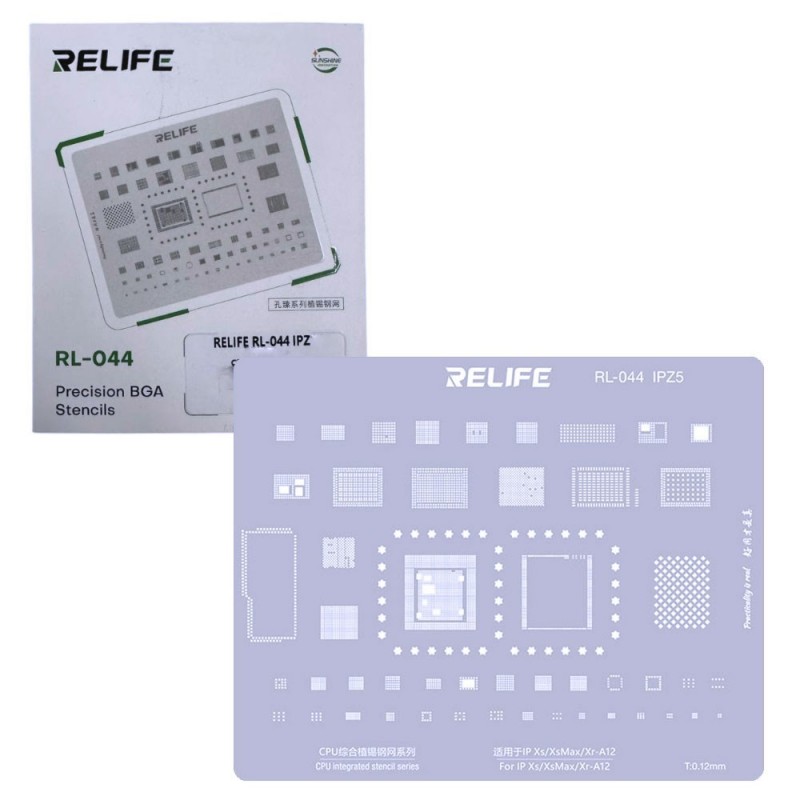 RELIFE RL-044 IPZ5 Tin Steel Stencil per Rigenerazione CHIP IC su CPU per iPhone Xs / Xs Max / Xr - A12 / 0.12MM