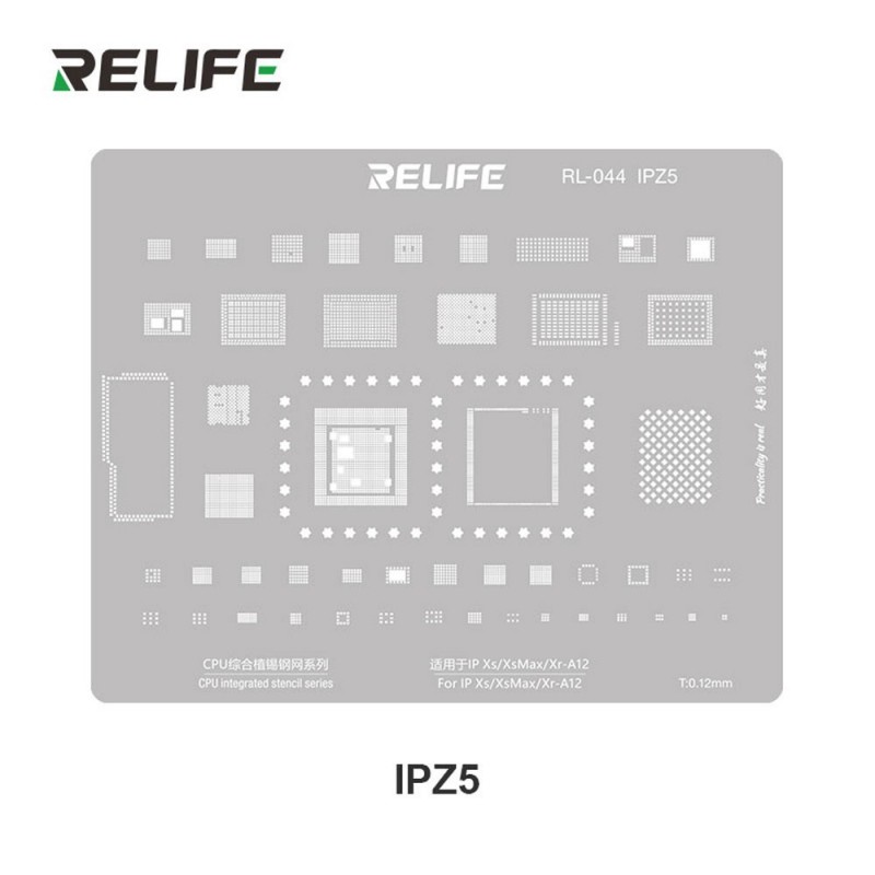 RELIFE RL-044 IPZ5 Tin Steel Stencil for IC CHIP Remanufacturing on CPU for iPhone Xs / Xs Max / Xr - A12 / 0.12MM