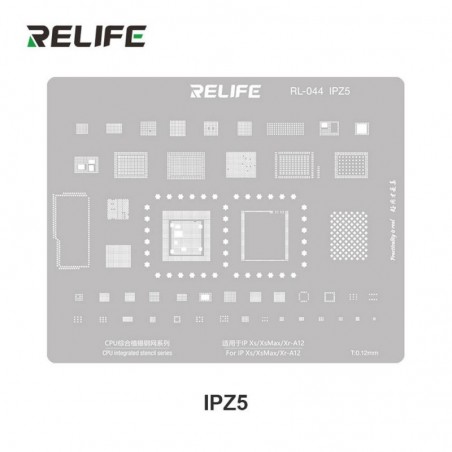 RELIFE RL-044 IPZ5 Tin Steel Stencil per Rigenerazione CHIP IC su CPU per iPhone Xs / Xs Max / Xr - A12 / 0.12MM