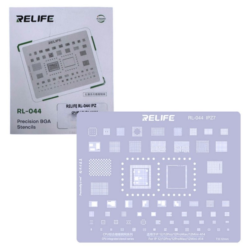 RELIFE RL-044 IPZ7 Tin Steel Stencil per Rigenerazione CHIP IC su CPU per iPhone 12 / Pro / Pro Max / Mini - A14 | 0.12MM