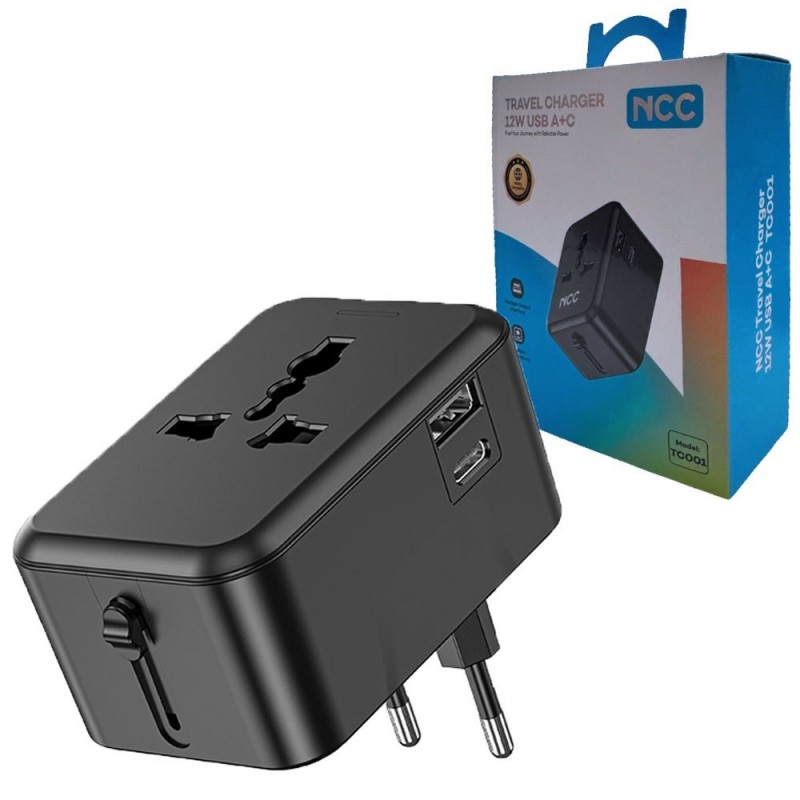 NCC TC001 Travel Charger 12W Caricabetterie da Viggio USB A+C | Nero