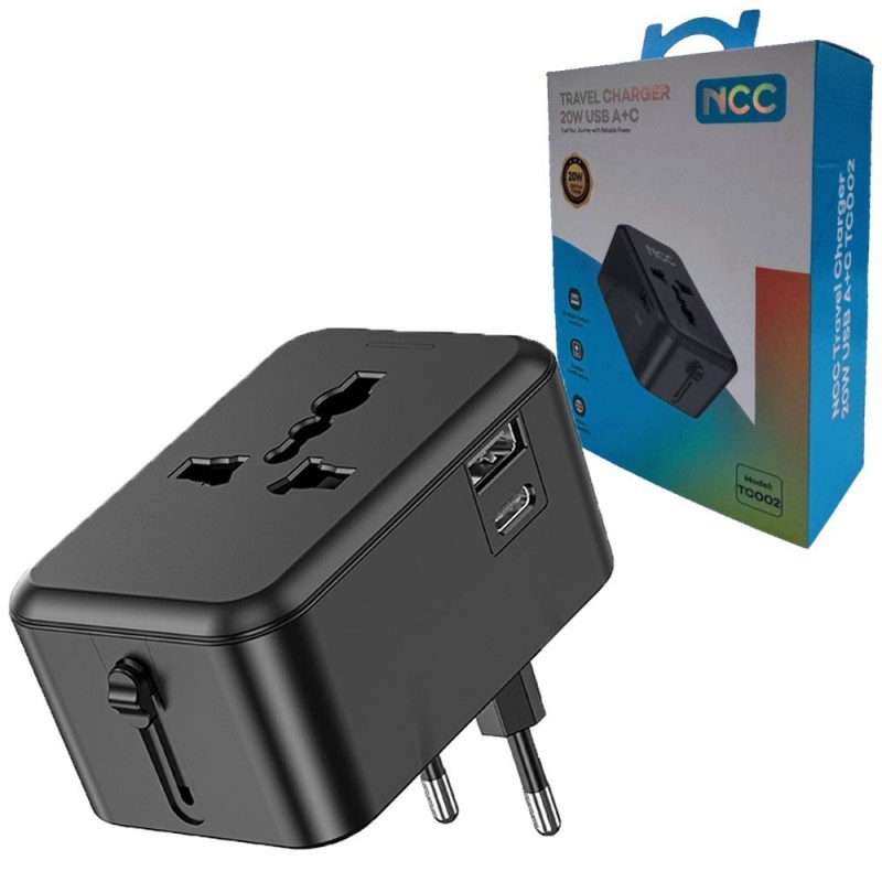 NCC TC002 Travel Charger 20W Caricabetterie da Viggio USB A+C | Nero