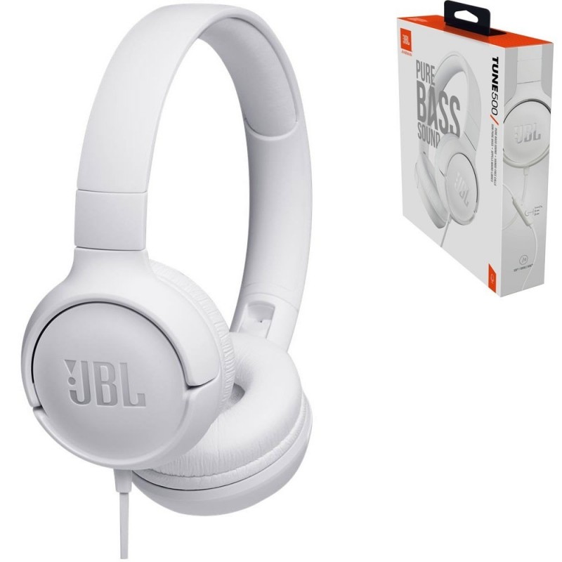 JBL Tune 500 T500 Wired On-Ear Headphones with 3.5" Jack and Controls and Microphone | White
