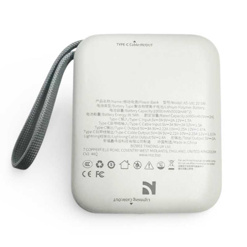 NCC Power Bank Ricarica Rapida AS-181 da 10000 mAh e 22,5 W con Cavi Integrati Light Gray NCC Power Bank Ricarica Rapida AS-181 da 10000 mAh e 22,5 W con Cavi Integrati Light Gray