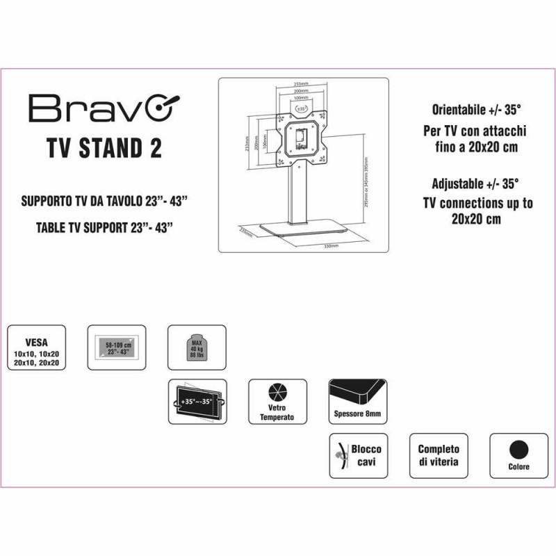  BRAVO STAND 2 TV Tabletop Stand with Tempered Glass for 23" to 43" TVs