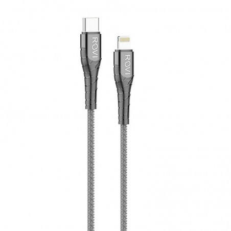 Rovi Sport USB-C to Lightning Charging Cable, Nylon Braided, 1m, 3A | Silver - Black
